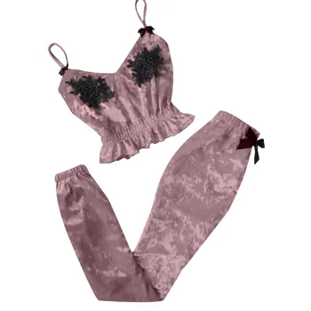 40# Sieviešu Pidžamas Sleepwear Kopas V-veida kakla Skropstu Mežģīnes Sexy Traipu Kamzolis Pidžamu Bowknot Bikses Komplekts Mežģīņu Apakšveļu, Naktsveļu Komplekts