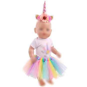 43 cm bērnu lelles apģērbs jaundzimušajiem Unicorn uzvalks ar kurpes varavīksnes mežģīņu svārki kleita Bērnu rotaļlietas fit Amerikāņu 18 collu Meitenes, lelle f746