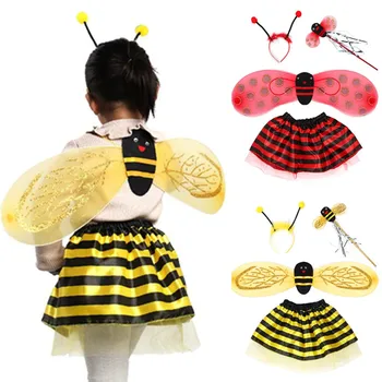 4gab/Set Bērnu Pasaku Kostīms Komplekts Mārīte Bišu Mirdzēt Gudrs Spārnu Svītrām Kārtojumu Tutu Svārki Zizli Galvu Saģērbt Halloween Apģērbs