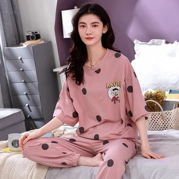 4XL Meitene Sleepwear Komplekti, Atpūtas Apģērbu Pavasara Plānas Īsām Piedurknēm Sieviešu Pidžamas Dot Printing Pidžamas Jauki mājās apģērbi