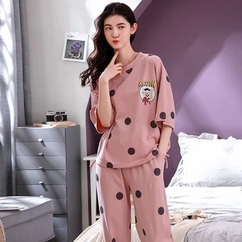 4XL Meitene Sleepwear Komplekti, Atpūtas Apģērbu Pavasara Plānas Īsām Piedurknēm Sieviešu Pidžamas Dot Printing Pidžamas Jauki mājās apģērbi