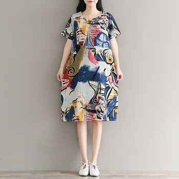 4XL Plus lieluma Vasaras kleita Sievietēm vintage Print kokvilnas kleitas Beach Zaudēt Gadījuma Kleitas femme 2019 svaigi meitene kleitas