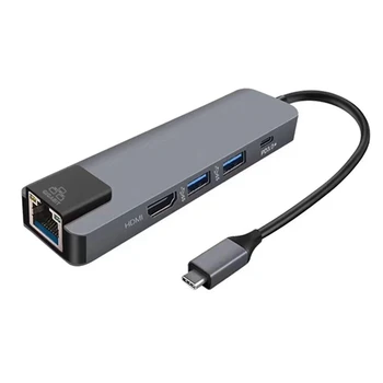5 in 1 USB C Tipa Hdmi Centrmezgls 4K USB C centrs, lai Gigabit Ethernet Rj45 Lan Adapteris priekš Macbook Pro Thunderbolt 3 USB-C Lādētāja Ports