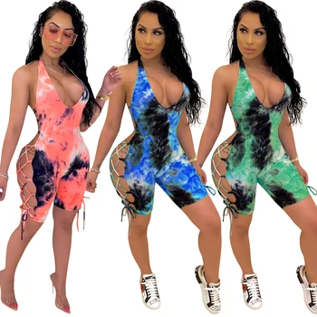 5 Krāsas Sexy Sievietes Dobi No Kaklasaites Krāsu Dziļu V-veida kakla Jumpsuit bez Piedurknēm Pavada Backless Playsuit Kombinezonus Ziedu Drukāt Mežģīnes-up