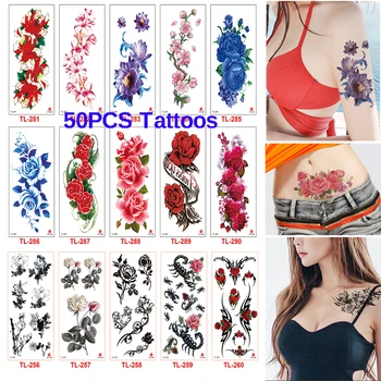 50gab 3D Beauty Ziedu Ūdensnecaurlaidīgus Pagaidu Tetovējumiem Sievietēm Meitene Body Art Sleeve DIY Uzlīme Mirdzēt Viltus Tetovējums Eksotisko Skaistumu
