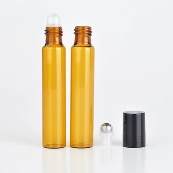 50Pieces/Lot 10 ML Roll Portatīvie Dzintara krāsas Stikla Uzpildāmas Smaržu Pudele Tukša ēteriskā Eļļa Gadījumā Ar Plastmasas Vāciņu