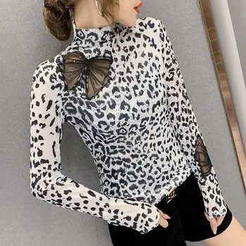 #5693 Zila Balta Leopard T Krekls Sieviešu Modes Dobi No Savienoti Acs Augstu Uzrullētu Apkakli T Krekls Sievietēm Gadījuma Sexy Tee Kreklu Femme Jūra