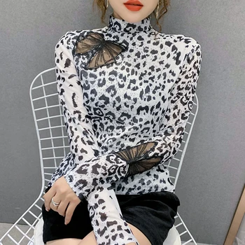 #5693 Zila Balta Leopard T Krekls Sieviešu Modes Dobi No Savienoti Acs Augstu Uzrullētu Apkakli T Krekls Sievietēm Gadījuma Sexy Tee Kreklu Femme Jūra