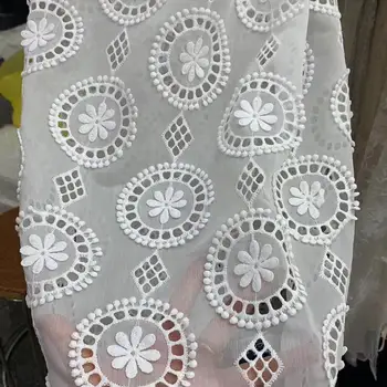 (5yards/gab) augstas kvalitātes balts krāsa, mežģīnes, šifons 3D ziedi izšūti Āfrikas mežģīnes auduma, lai padarītu kleitu FZZ833