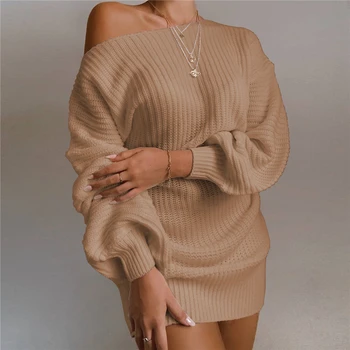 6 krāsas Sieviešu vienkrāsainu Džemperi Kintted Sexy Kleita ar garām Piedurknēm Ziemas Dāmas Īsu Kleitu 2020
