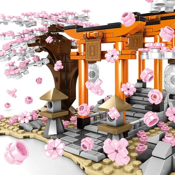 647pcs Bloki Rotaļlietu Ideja Sakura Celtniecības Bloki Fushimi Kabīne Inari Svētnīca Ķiršu Koku, Lapu, Ziedu Sezonā Ainavu Māja, Ķieģeļu