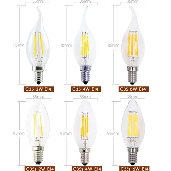 6Pcs Retro Vintage LED Spuldzi (Edison Sveču Gaismas Spuldzes E14 Kvēldiega Gaismas AC 110V220V Stikla Spuldzes Lampas 2W 4W 6W LED Spuldzes Lustra