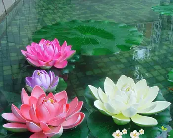 6PCS Simulācijas Lotus Lilijas Mākslīgie Plastmasas Dīķa Augi Mājas Fish Tank Apdares 4GAB Izmērs M Un 2GAB Mākslīgie Ziedi