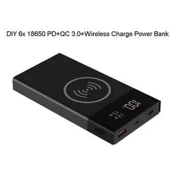6x 18650 Akumulatoru DIY Qi Bezvadu Lādētāju QC3.0 USB Type C PD Power Bank Lodziņā Gadījumā