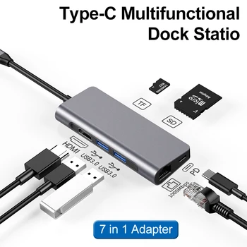 7, 1 Adapteris, USB Type-C centrs, lai HDMI RJ45 Ethernet Multi Porti USB 3.0 PD Strāvas Adapteris priekš MacBook Pro/Air USB-C HUB HAB