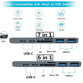 7 1 Divējāda Tipa c uz HDMI Adapteri USB HUB C 4K HD Micro SD / SD atmiņas Kartes Lasītājs un 2 USB 3.0 Nomaiņa Macbook pro2016 2017 2018