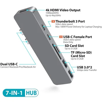 7 1 Divējāda Tipa c uz HDMI Adapteri USB HUB C 4K HD Micro SD / SD atmiņas Kartes Lasītājs un 2 USB 3.0 Nomaiņa Macbook pro2016 2017 2018