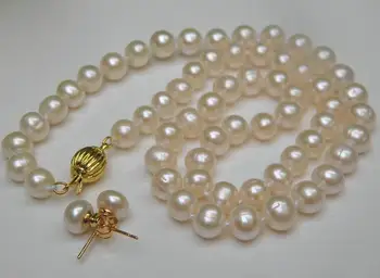 7-8mm balto pērļu kaklarota, zelta aizdare auskariem īstu pērli saldūdens pērļu sievietes Rotu komplekts