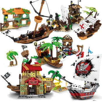 7 Veidi Idejas Sērijas Pirāts Kuģa Salas Ainas Celtniecības Bloki Radītājs Laivu Filmu Ķieģeļi, Rotaļlietas, Dāvanas Bērniem Bērnu