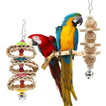 8 Gab./komplekts Putnu Papagailis Šūpoles Sakost Rotaļlietas dabīga Koka Karājas Bell Putnu Būris Rotaļlietu Mazos Papagaiļus, Cockatiels Putnu Piegādes C42
