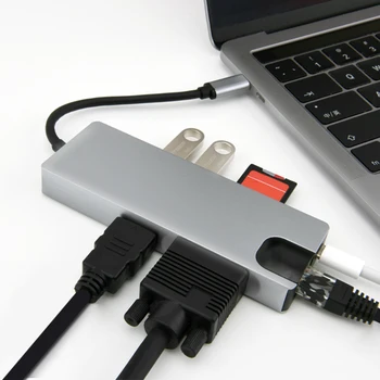 8 in 1 USB C Centrmezglu, C Tipa, Multi 2 USB 3.0 4K HDMI VGA Gigabit RJ45 TF Karšu Lasītājs PD Uzlādes Adapters Sadalītājs PC Labtop