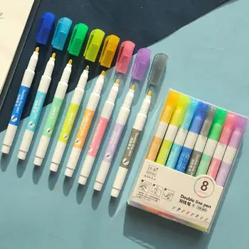 8 Krāsas Dubultā Līnijas Kontūru Pildspalvu Komplekts Metāla Krāsu Marķieri, Marķieri, Pildspalvas Mākslas Glezniecības Skolas Piederumi Rakstīšanai