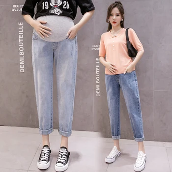 8909# Rudens korejas Modes Džinsa Dzemdību Taisni Džinsi Regulējams Vēdera Bikses Apģērbu Grūtniecēm Grūtniecības Bikses