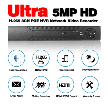 8CH 5MP Bezvadu VRR POE Drošības Kameru Sistēmu, 3,5 mm Audio Izeja Video Novērošanas Audio Video Recorder Sejas Ieraksts 2TB HDD Komplekts
