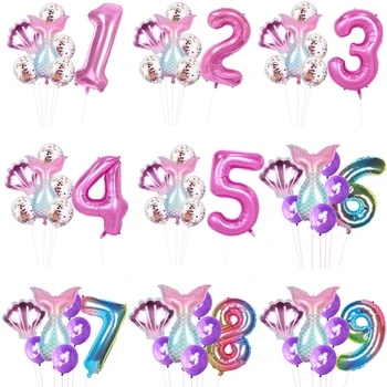 8pcs paciņu sirēna puse skaits 123456789 balonu 1 dzimšanas diena 1 par vienu gadu dzimšanas dienas svinības dekors bērniem folijas aste balonu jūrā