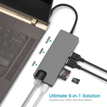 9-In-1 C Tipa Hub USB C HDMI VGA RJ45, USB 3.0 Pieslēgvietām, SD/TF Karšu Lasītājs, USB-C Elektroenerģijas Piegādes MacBook Pro datorā Ar PD