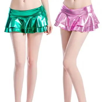 9 Krāsas Sieviešu Divslāņu Ruffles Kroku Mini Svārki Clubwear Rave Puse Valkāt Metāla Hologrāfiskā Pole Deju Tērpi