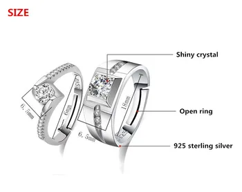 925 sterling sudraba romantiska spīdīgas kristāla mīļotājiem'wedding pāris regulējams sieviešu gredzeni pirkstā gredzenu vairumtirdzniecības rotaslietas vīriešiem, dāvanu
