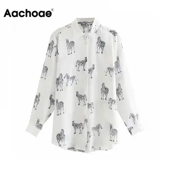 Aachoae Sieviešu Dzīvnieku Print Vintage Blūzes, Krekli 2020. Gadam, Savukārt, Apkakles Biroja Krekls Zebra Drukāt Garām Piedurknēm Modes Topi Blusas