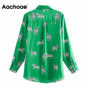 Aachoae Sieviešu Dzīvnieku Print Vintage Blūzes, Krekli 2020. Gadam, Savukārt, Apkakles Biroja Krekls Zebra Drukāt Garām Piedurknēm Modes Topi Blusas