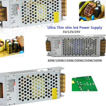 AC110-240V led strip gaismas Ultra Plānais Barošanas 60W/100W/150W/200W/250W/300W led Driver DC12V 24V led transformators