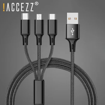 !ACCEZZ 3 in 1 Neilons Micro USB Type-C Apgaismojuma Maksas Kabeļi 8 Pin iPhone 7 8 6 Plus Xiaomi LG Universālā Ātrās Uzlādes Kabelis
