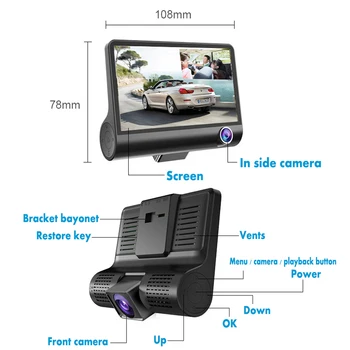 ADDKEY Auto DVR 3 Kameras Objektīvs 4,0 Collu Dash Kamera Dual Objektīvs Ar Atpakaļskata Kameru, Video ierakstīšanas Auto Registrator Dvrs Dash Cam