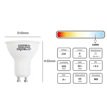 Aigostar - LED Spuldze 8W GU10，6400K， 600lumen， 8W līdzvērtīga 60watt，CRI≥80Ra， 120-160 grādu staru leņķis， 5 gab./krāsu kaste