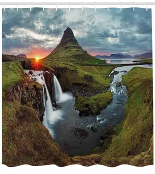 Ainavu Dušas Aizkars Ūdenskritums Ainavu Islande Saulrieta Kalnu Vulkāna Teritorija Dabas Skaistumu Tēma Auduma Vannas istaba Dekori