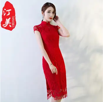Aizjūras Ķīniešu Sarkano mežģīņu cheongsam kāzu kleitu Sievietēm Vestido Austrumu Apmales Sexy Ilgi Tradicionālo Vasaras Puse Kleita