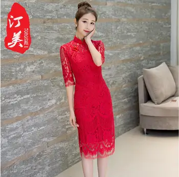 Aizjūras Ķīniešu Sarkano mežģīņu cheongsam kāzu kleitu Sievietēm Vestido Austrumu Apmales Sexy Ilgi Tradicionālo Vasaras Puse Kleita