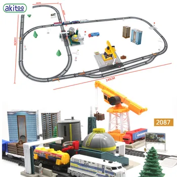 Akitoo Simulācijas projektēšana elektrisko dzelzceļu auto lumberyard rafinēšanas auto iekrāvējs celtņa dzelzceļa stacijas multi-scenārijs rotaļlietas #1005