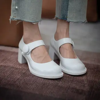 ALLBITEFO dabas īstas ādas sieviešu papēžiem kurpes biezs papēdis apaļu purngalu modes gadījuma sieviešu augstpapēžu kurpes augstpapēžu kurpes