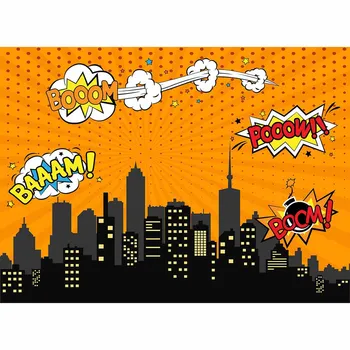 Allenjoy Dzimšanas Dienas Svinības Banner Komiksu Supervaronis Nakts Cityscape Uzplaukums Smieklīgi Photobooth Backdrops Apelsīnu Photocall Fona Zonā