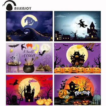 Allenjoy Halloween Fons Pils Kapa Piemineklis Mēness Ķirbju Laternu Bat Ragana Bērna Fotogrāfija Fona Foto Studija Photophone
