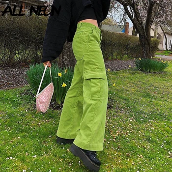 ALLNeon Y2K Modes Hip Hop Stila Augsto Vidukli, Lielgabarīta Bikses E-meitene Vintage Velveta Kabatas Taisni Zaļā Kravas Bikses Kritumu