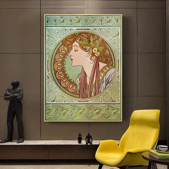 Alphonse Mucha Audekla, Gleznas, Mākslas Plakāti un Izdrukas., Mākslas Vintage Sieviete pie Sienas Mākslas Audekls Bildes Dzīvojamā Istaba Dekori