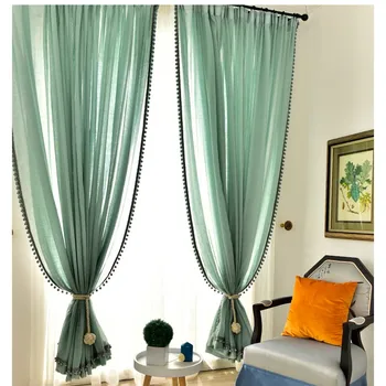 Amerikāņu piparmētru zaļa kokvilnas veļa aizkari marli vienkrāsainu logu stiepļu pinumus, lina aizkari, guļamistaba, viesistaba, guļamistaba balkons dzijas