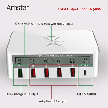 Amstar 10W Qi Bezvadu Lādētāju 5V/8A 6USB Tālruņa Lādētāju Ātri Uzlādēt 3.0 C Tipa Ātra Uzlāde iPhone X XS 8 Samsung S8 S9