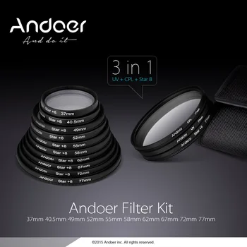 Andoer 40,5 mm Filtru Komplekts UV + CPL + Star 8-Punktu Filtrs Komplektā ar Lietā Canon Nikon Sony DSLR Kameras Objektīvs